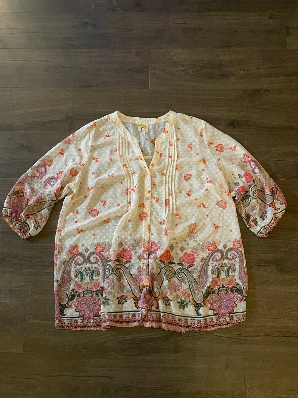 fig and flower Sheer Ivory Button Down Blouse w/ Pink Floral Accents, Size 2X